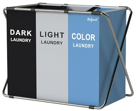 Zelsius Wäschesammler 3 Fächer | 77 x 40 x 57,5 cm | Wäschekorb Faltbar | Blau Hellgrau Schwarz | Schmutzwäschebehälter mit Wäschebeutel, Wäschesystem, Waschkorb, Wäschesortierer, Wäschebox