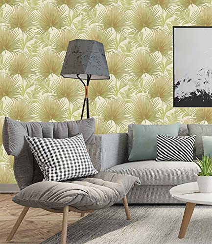 BUVU Papier peint 53 x 1000 cm, beige, blanc, papier peint floral, design feuilles florales, aspect moderne, vinyle