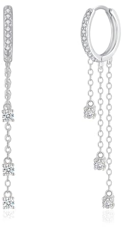 Loutade Silver Hoop Earrings for Women Girls, 925 Sterling Silver Hoop Earrings with Tassel Chain Dangling, Dainty CZ Silver Drop Earrings, Hypoallergenic Dainty Cartilage Sleeper Ear Hoops