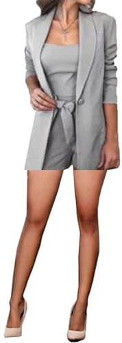 Lacoac Damen Sommer Anzug 2-teiliges Set Schal Revers Jacke und Shorts (mit Gürtel) für die tägliche Casual Clothes