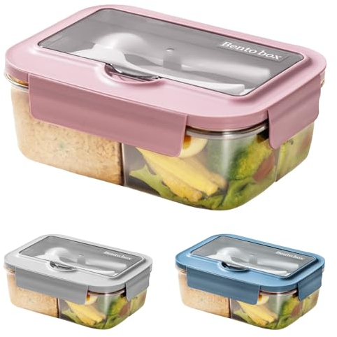 BRYN Bento Lunch Box Micro Ondable, 1400Ml Boite Repas avec 3 Compartiments et Couverts, Boite à Lunch pour Pique-Nique, Travail, Écoles, Camping et Fitness (Rose)