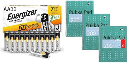 Energizer AA Batteries, Alkaline Power, 32 Pack, Double A Battery Pack - Amazon Exclusive & Pukka Pad, A4 Metallic Jotta Book 3 Pack – 21 x 30cm – Wirebound Notebook
