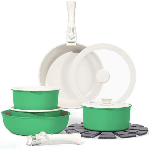 Juego de 15 ollas y sartenes antiadherentes, juegos de utensilios de cocina con mango desmontable, juego de cocina antiadherente para caravana, asas extraíbles, apto para horno, inducción rápida,