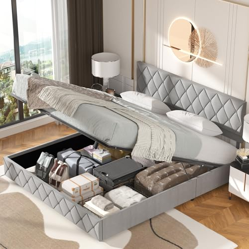 okwish Boxspringbett Polsterbett 180 x 200 cm mit Kopfteil in Knopfnahtverzierung, Hydraulisches Stauraumbett mit Bettkasten Stauraum, Doppelbett Jugendbett (Ohne Matratze)- Hellgrau