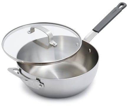 GreenPan x Bobby Flay Stainless Steel 3.75QT Saucepan & Glass Lid, Professional Grade Tri-Ply Chefs Pan, Multiclad, Induction Suitable, Dishwasher & Oven Safe, Stay Cool Silicone Handle,Chip Free Rims