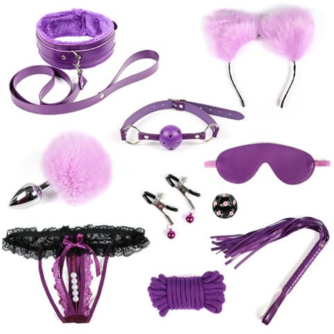 10 Stück Bondage Kit Hasenschwanz Analplug Buttplug Nippelklemmen Maske Peitsche Choker T String Tangas Ball Gag Katzenohren Stirnband Sex BDSM Fesseln Kits für Erwachsene Rollenspiel Spiel