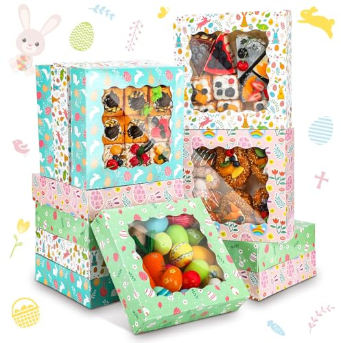 Skyygemm 12 Stück Oster-Leckerli-Boxen mit Fenster Häschen Ei Keksboxen Ostern Karton Donut Box Ostern Party Papierbehälter für Kuchen Bäckerei Cupcake Gebäck Erdbeeren Gastgeschenk (25,4 x 25,4 x 6,3
