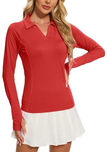 MathCat Women's Long Sleeve Golf Shirts UPF50+ Quickly Dry Tennis Polo Lightweight Sports Athletic Tops, Red, L