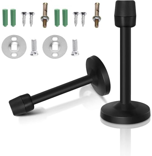 2PCS Black Door Stop, Door Stoppers for Walls, Door Stop Black, Stainless Steel Rubber Door Stoppers for Skirtings, Screw Mounted Hydraulic Doorstops, Sound Dampening Bumper Door Stoppers for Walls