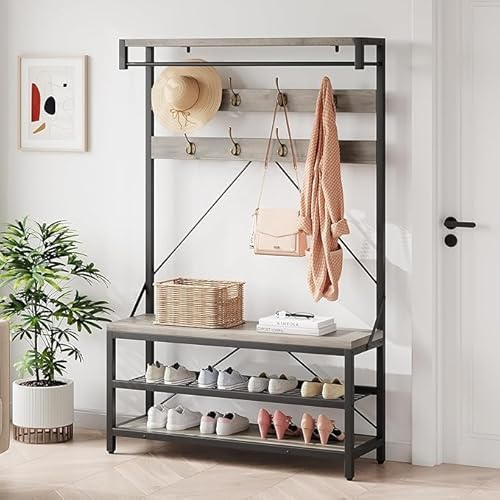 Salutmeuble Vestiaire d'entrée, Arbre à Chaussures d'entrée 4 en 1, étagère de Rangement à 3 Niveaux avec 8 Crochets Mobiles, Meuble d'entrée Multifonctionnel, Meuble à Chaussures Entrée (Rustique)