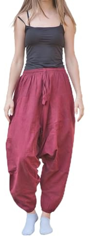 JUNKIRI Pantaloni Harem Estivi Unisex semplici e Larghi, in Vita Elastica, in Cotone colorato Ali Baba Aladdin (IT, Testo, Taglia Unica, Regular, Regular, Bordeaux)