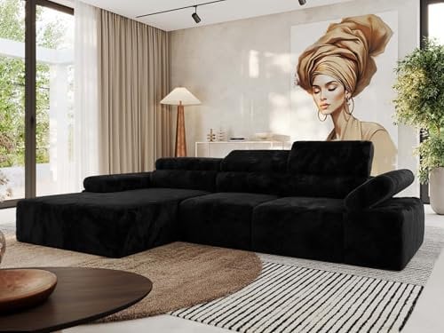 MKS MEBLE Ecksofa mit relaxfunktion elektrisch, Sofa L-Form - Rilasso - Schwarz Plüsch Links