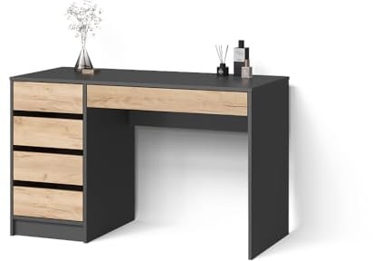 Livinity Schminktisch Imola, Anthrazit/Goldkraft Eiche 120 cm | ohne Spiegel · 5 Schubladen · Freistehend · Grifflose Optik · Geräumige Tischplatte