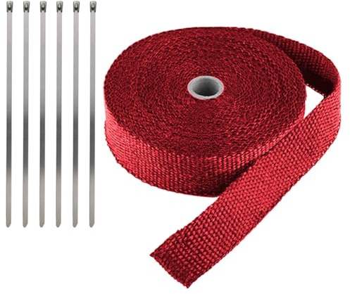 LKRXW Hitzeschutzband Auspuffband Glasfaser Auspuff Isolierband Hitzeschutz | Motorrad Auspuffkrümmer Band Hitzeschild Thermoband Krümmerband Wickelband Rot 2,5CM x 5M mit 6 Kabelbinder