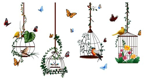 duoyif Wandtattoo Pflanzen Blumen Tropische Wandaufkleber Hängende Vogelkäfige Grüne Pflanze Blume Schmetterlinge Vögel Wandsticker für Schlafzimmer Wohnzimmer Küche Büro Wanddeko (Vogelkäfig)