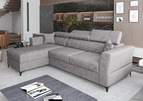 AXLIVING Ecksofa klein mit Schlaffunktion Bettkasten Ribella 265cm grau L-Form Links