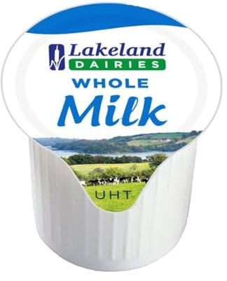 Lakeland UHT Whole Full Fat Milk Pot 12ml Pack of 100 Long Shelf Life Catering Hospitality Office Disposable Dairy Drink Mix Sachets with Welari Thank You Card | (100pack) (1200ml)