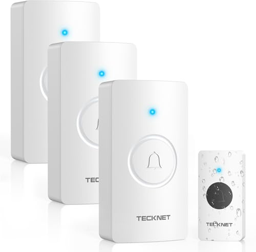 TECKNET Wireless Doorbell Battery, IP65 Waterproof & 400M Range, White | 3 Receivers with 4.5-year Battery Life, Cordless Door Chime Kit with 60 Melodies/5 Volumes, LED Flash, Easy Setup, No Plug