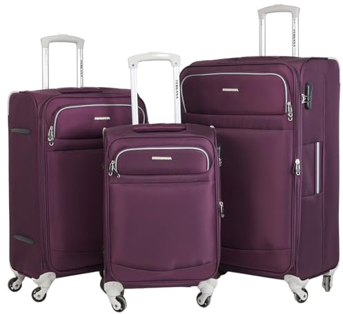 Fergana Soft Case Set Suitcase – Lightweight Expandable Fabric Check-in Luggage with Spinner Wheels, Telescopic Handle & Organised Interior for Travel (Purple, 3 Piece Set)