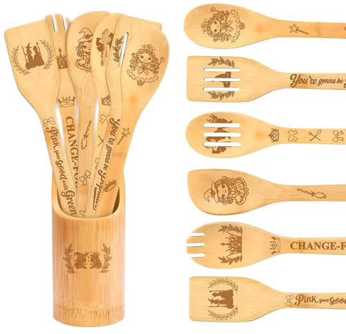 Kitchen Decor Accessories Wooden Spoons Gifts for Women 7Pcs Witch Pattern Wooden Tube Storage, Birthday House Warming Gift for Friend