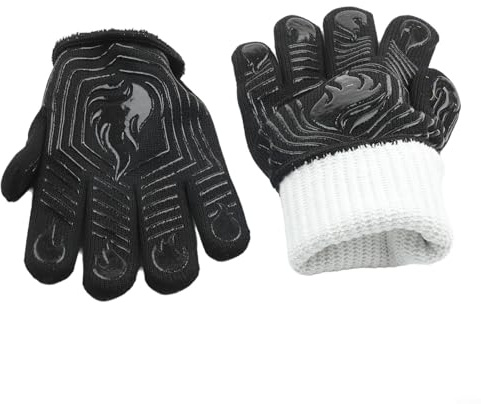 Guantes de barbacoa resistentes al calor con patrón único de fuego, agarre antideslizante y fácil de limpiar, esenciales para cocinar de forma segura (negro)