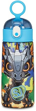 PRESTIGE & DELUXE Borraccia Sj Seven Boy in Acciaio Inossidabile da 460 ml tema Drago Draghetto - Beccuccio Retrattile, per Scuola, Gite, Picnic e Mare + portachiave fischietto