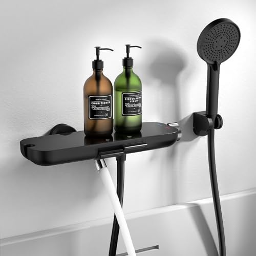 HOMELODY Badewannenarmatur schwarz mit Handbrause | 360° drehbarer Auslauf, Badewannenarmaturen mit Duschbrause, Glasablage, 1,5 m PVC Schlauch, Mischbatterie zur Wandmontage