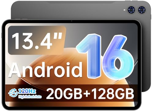 TECLAST Android 16 T65 13.4 inch Large Tablet, 20GB+128GB,120Hz 1920x1200 IPS Display,2.2Ghz Octa-Core Processor,10H 8000mAh Battery, 2.4GHz+5GHz WiFi,4G LTE,GPS, 3.5mm Headphone Jack for Music Lovers