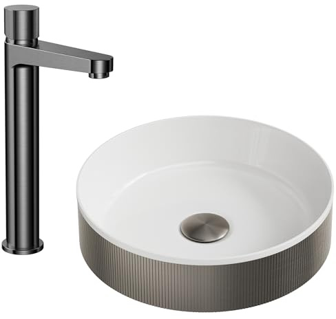 Luxurious Gunmetal Fluted Countertop Basin with Tall Mixer Tap & Matching Click-Clack Waste