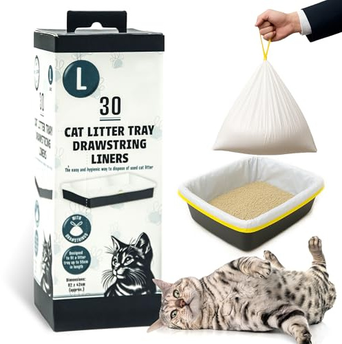 30x Large Cat Litter Tray Liners with Drawstrings – Easy Pull-up, Fits most Kitten & Cats Trays Liner – Disposable Waste Bags – Portable, Leakproof, Poop, Travel (82cm x 42cm) (Pack of 1, Large)