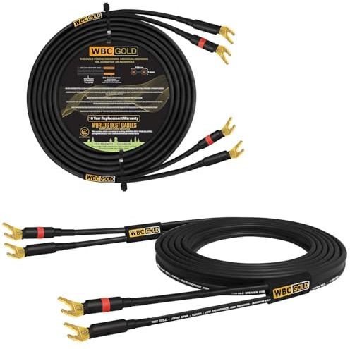 WORLDS BEST CABLES 1.5 Metre WBC-GOLD-LOCAP-SPKR-12 AWG - Low-Capacitance - Low-Inductance - High Purity OFC - Audiophile HiFi Speaker Cable Pair with Eminence Gold Spade Plugs