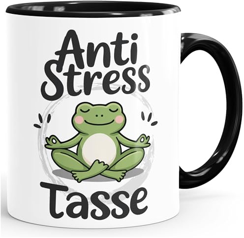 MoonWorks Tasse Spruch Bürotasse Anti-Stress Tasse Yoga-Frosch Geschenkidee Kollegen lustige Kaffeebecher Weiss-innen-schwarz standard