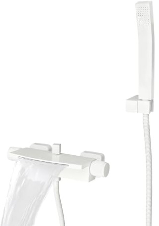 MIUKYUI Wandmontage Badewannen Armatur Set in Matt Schwarz Gold oder Weiß mit Wasserfall Auslauf und verstellbarer Handbrause - Die praktische Armatur für modernes Badezimmer Design (Weiß)