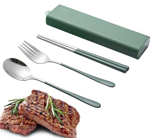 Chopsticks Set - Stainless Steel Travel Utensil Combo,Portable with Protector,Fork,Spoon Cutlery Kit,3 Piece | Durable Reusable Dinner Tools for