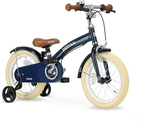 DERYAN Kids Children's Bicycle 14 Inch | 3 in 1 Balance Bike | Bicycle with Adjustable Saddle and Handlebars | Children's Bicycle for Boys and Girls | Blue