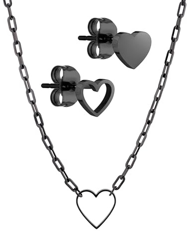 LIEBESKIND BERLIN Schmuck-Set - Herz-Ohrstecker und Gliederhalskette - IP Schwarz - Gliederkette verstellbar bis 45 cm - wasserfest & hautfreundlich