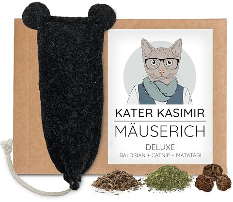 Kater Kasimir MÄUSERICH Deluxe - die handgemachte XL Katzenspielzeug Maus mit Bio-Katzenminze, Bio-Baldrian und Matatabi-Früchte-Füllung zur Selbstbeschäftigung