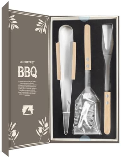 BBQ Zubehör Geschenkset 3-teilig – Grillzange, Grillspatel & Grillgabel aus Edelstahl mit Holzgriff – Inklusive Geschenkbox/Koffer (buchförmig) – Kompakt 36×20 cm – Für Grillen Wenden Servieren