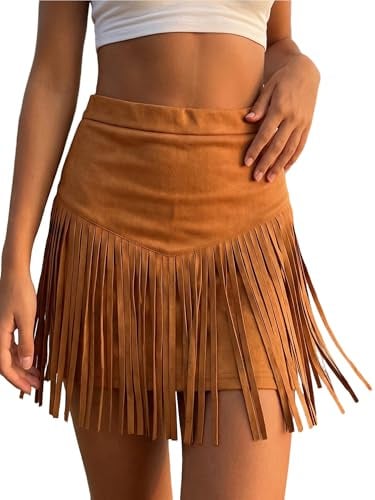 Acrawnni Womens Western Cowgirl Fringe Mini Skirt Vintage Cowgirl Cowboy Outfits High Waisted A Line Faux Suede Party Skirts