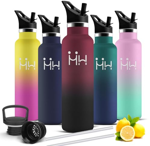 Botella Agua Acero Inoxidable, Botella Termica 1 litro, sin BPA, Botellas con Pajita, A Prueba de Fugas, Acero Inoxidable 18/8, Cantimplora para la Deportes, Senderismo, Triatlón, Escalada