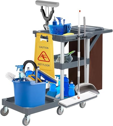 Putzwagen Reinigungswagen, 3 Ablagen, Stabiler Vinylsack, Abdeckung, Rollen Profi Putzwagen für Haushalte Hotels Designbis zu 136 Kg Belastbar. Maße: 95 cm (T) x 49 cm (B) x 22 cm (H)