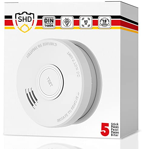 SHD Rauchmelder Set wechselbare Batterien (5X) - DIN EN14604 Geprüft & BSI-Zertifiziert, Brandmelder mit Stummschaltung & Selbsttest Funktion, Rauchmelder Magnethalter geeignet, Feuermelder DOF19