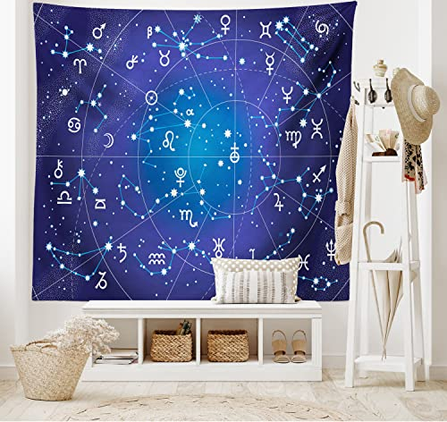 ABAKUHAUS Astrologie Wandteppich, Sternbild Tierkreis und Planeten Originalkoordinaten der Himmelskörper Muster, aus Weiches Mikrofaser Stoff Wand Dekoration Für Schlafzimmer, 230 x 140 cm, Dunkelblau