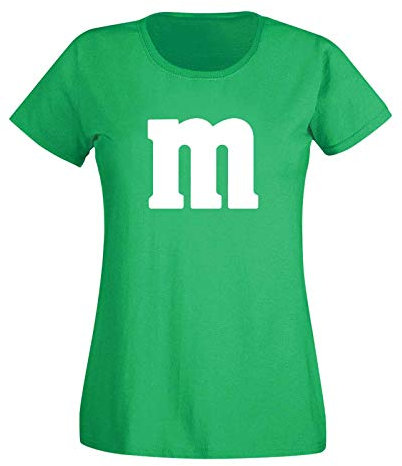 T-Shirt M&M Schoko-Linse Gruppenkostüm Karneval Fasching 15 Farben Damen XS-3XL M's Fans Ms Krümelmonster Darts Tanzgruppe Mottoparty, Größenauswahl:XS, Farbe:grün/Kelly - Logo Weiss