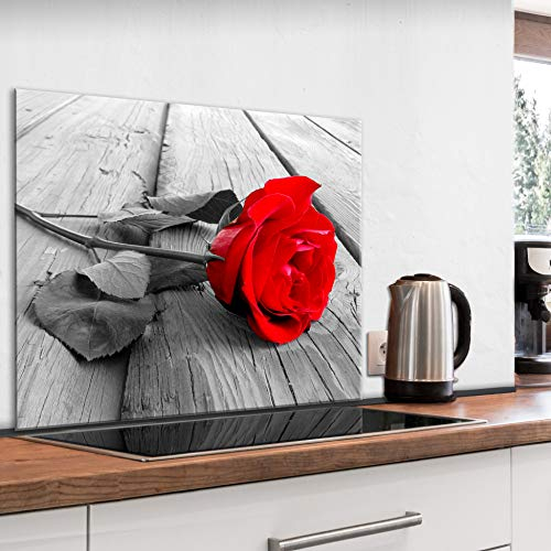 murando Glass Splashback for Kitchen Backsplash Cooker Protector Tempered Glass Decorative Wall Art Panel Heat Resistant Graphic 80x60 cm / 32x24 Flowers Rose Black Red Wood b-B-0440-aq-e