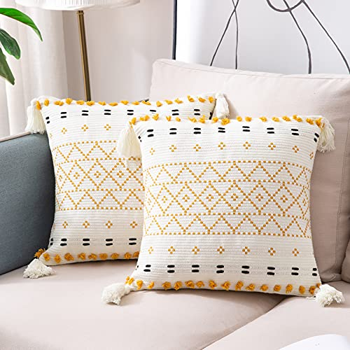 2er Set Kissenbezug Boho Kissenhülle Baumwolle Woven Dekokissen Sofakissen mit Quaste Dekorative Kissenbezüge für Sofa Schlafzimmer Wohnzimmer 45 x 45 cm Gelb und Weiß