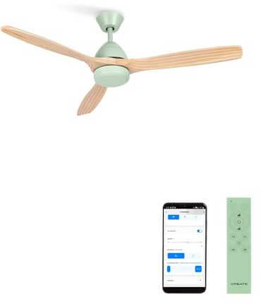 CREATE / WINDCUP/Ventilador techo verde aspas madera natural Wifi y mando/Función verano-invierno, 3 temperaturas de luz, 6 velocidades, programable 1 a 4h, 2 alturas, 40W, Ø132 cm
