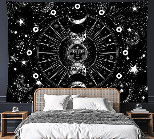 FREEHOTU Wandteppich, Motiv: Sonne und Mond, 200 x 150 cm, Schwarz und Weiß, Wandteppich mit Sternen, Psychedelisch, Wandbehang, Party-Dekoration, Wohnzimmer, Wohnheim (200 x 150 cm)