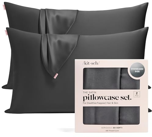 Kitsch Kissenbezug aus 100% Satin mit Reißverschluss, weicher als Seidenkissenbezug für Haar und Haut, kühlender Kissenbezug, Satin-Kissenbezug (Standard/Queen (2er-Pack), Anthrazit)