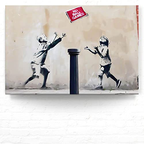 Banksy XXL Leinwand-Bild 'No Ball Games' Als Wandbild, 120x80cm Groß - Street Art Im Banksy-Style Als Moderner Kunstdruck Zur Wanddekoration Für Wohnzimmer, Büro